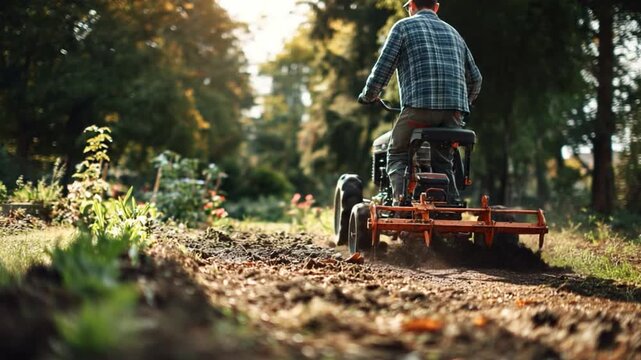 Gardener with Cultivator: A dedicated gardener is deeply immersed in his craft, expertly maneuvering a cultivator across a meticulously cultivated field.