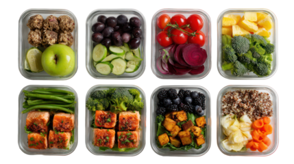 Flat lay of meal prep containers filled with healthy lunch ingredients on transparent background

