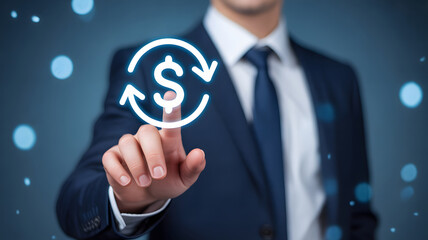 Businessman clicks money cycle icon, driving powerful financial growth strategy
