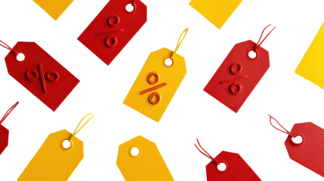 Floating Red and Yellow Price Tags with Percentage Sign on Transparent Background
