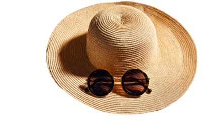 : Folded Beach Hat with Sunglasses Beside It Neatly Arranged on Transparent Background
