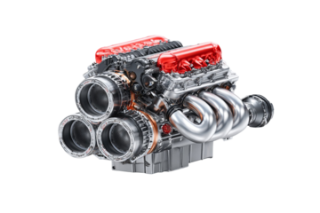 Isolated steel car engine with exposed gears and modern technology on a white background