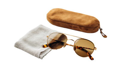 : Folded Sunglasses with Case and Cleaning Cloth Beside on Transparent Background