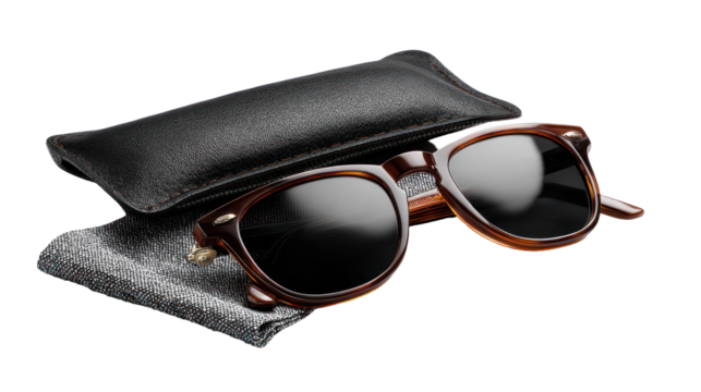 : Folded Sunglasses with Case and Cleaning Cloth Beside on Transparent Background