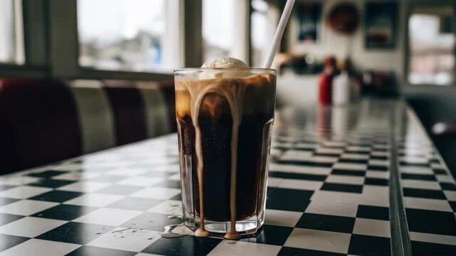 Delicious Root Beer Float with ice cream on checkered table in retro diner for refreshment, drink, dessert, food, sweet, soda, and tasty treat.