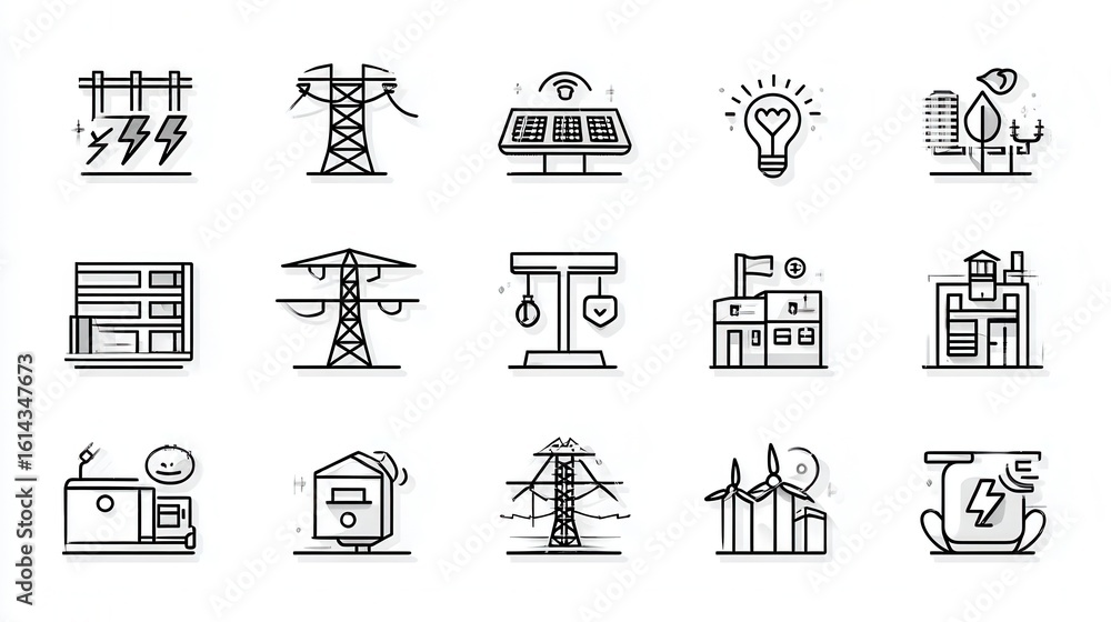 Poster a collection of icons depicting various elements of electricity distribution including power lines t