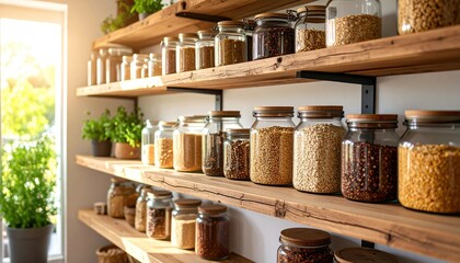 Pantry shelves filled with glass jars containing an assortment of grains and legumes