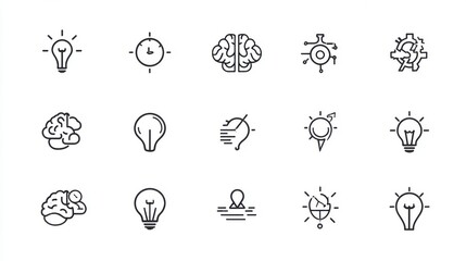 A collection of minimalist icons representing various aspects of creativity innovation and problem solving such as a lightbulb for ideas a brain for intelligence and gears for strategy