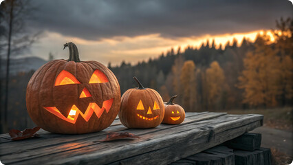 Three carved glowing jack o lanterns halloween pumpkins