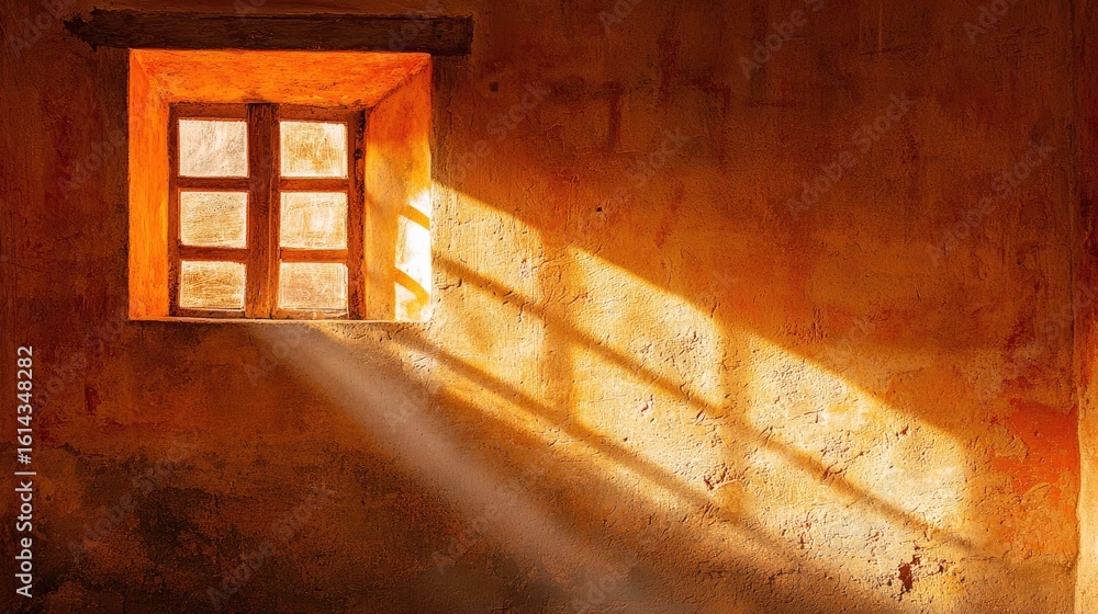 Poster warm sunlight streams through a rustic window into a weathered room.