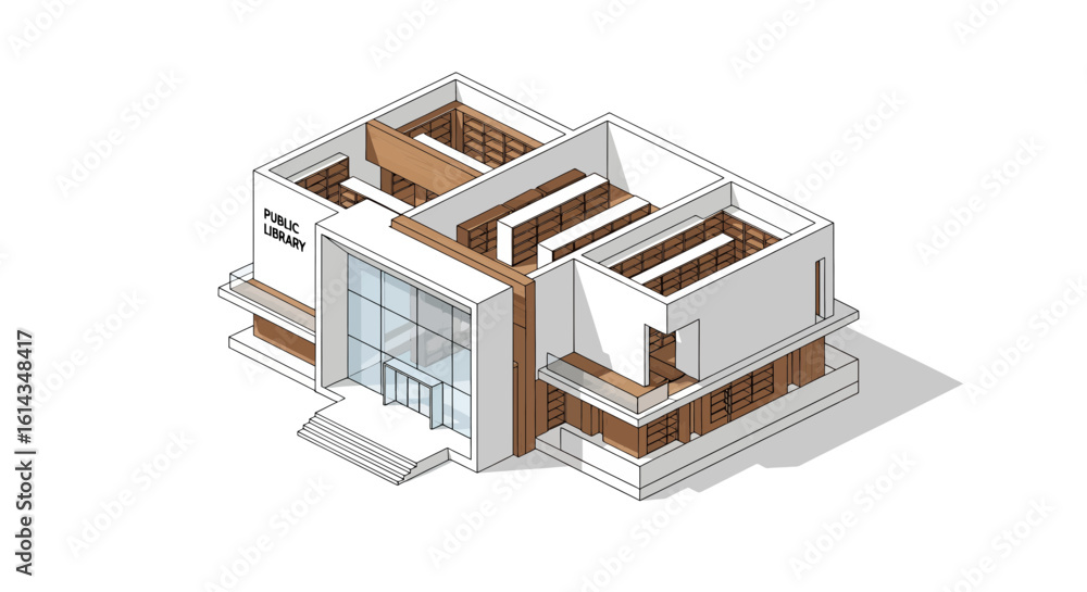 Poster public library building isometric view modern architecture