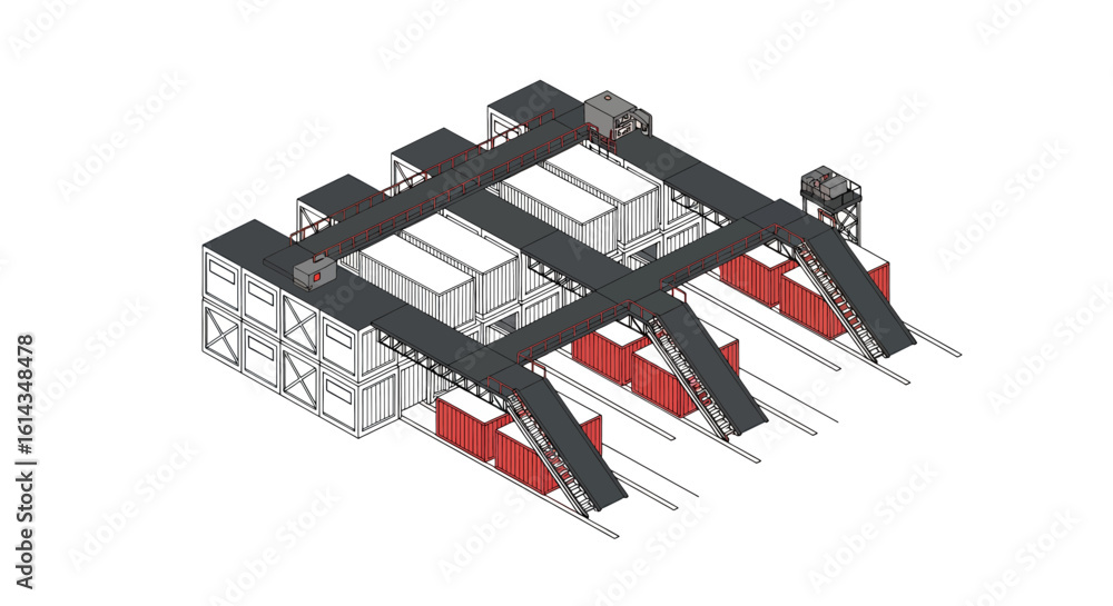 Poster modular container structure elevated walkway architectural concept