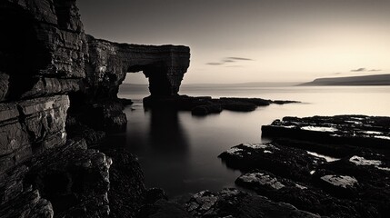Fototapeta premium Dramatic monochrome view of a rocky arch over calm water.