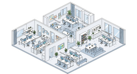 Modern office space interior with desks and plants