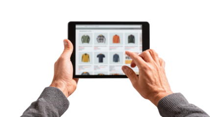  Hands Holding a Tablet with E-Commerce Product Listings on Transparent Background