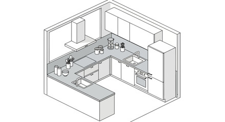 Modern kitchen layout plan in isometric view
