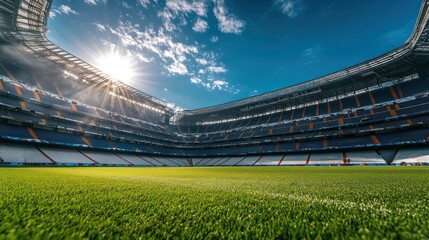 Large stadium with green field, blue seats, and bright sky with scattered white clouds