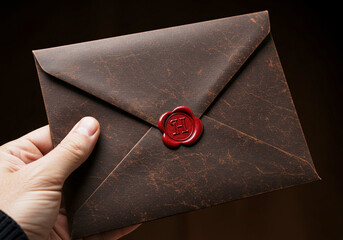 Vintage Brown Leather Envelope in Hand with Wax Seal with Initial H