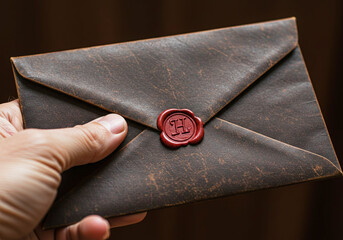 Vintage Brown Leather Envelope in Hand with Wax Seal with Initial H