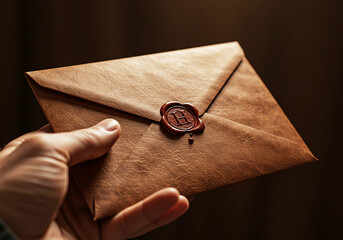 Vintage Brown Leather Envelope in Hand with Wax Seal with Initial H
