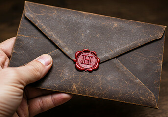 Vintage Brown Leather Envelope in Hand with Wax Seal with Initial H