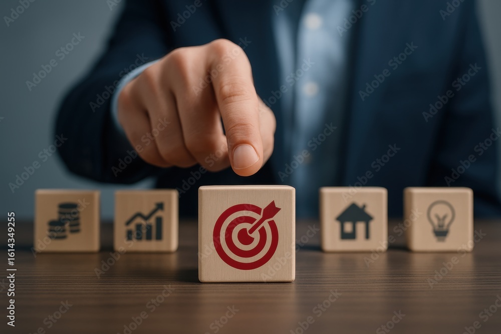 Poster target focused: a single finger points directly at a wooden block featuring a bullseye, representing