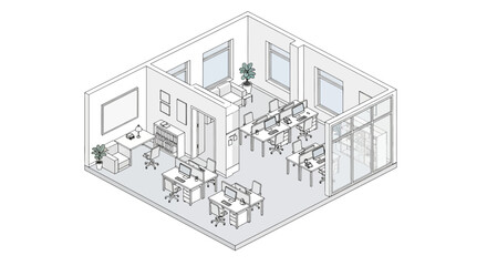 Fototapeta premium Office Workspace Interior Isometric Layout with Desks and Windows
