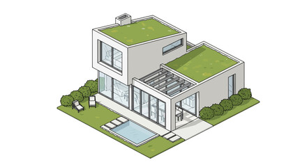 Modern house with green roof and swimming pool