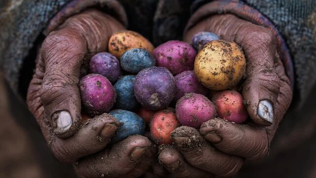 Hands Holding Vibrant Potatoes: A close-up shot of weathered hands cradling a colorful assortment of freshly harvested potatoes. The image conveys the richness of the harvest.