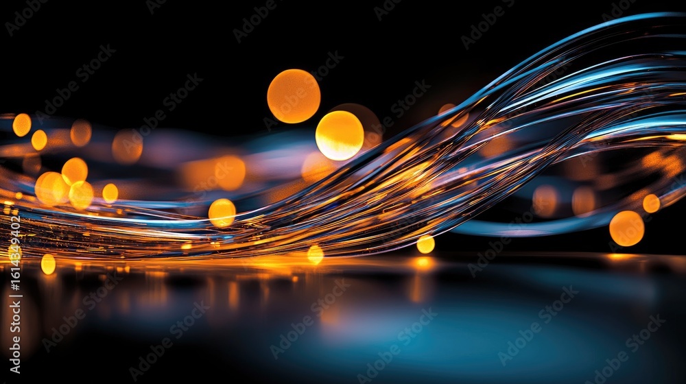 Poster abstract design with flowing lines and glowing orbs.