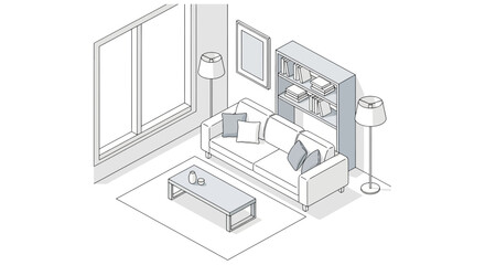 Living room interior with sofa, rug, and bookshelf