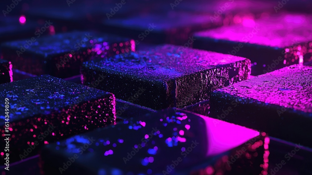 Poster abstract representation of illuminated, wet squares.