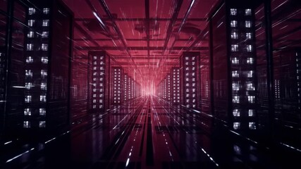 Futuristic data center with rows of servers for technology and communication, red background, data storage, cloud computing, digital information. - Powered by Adobe