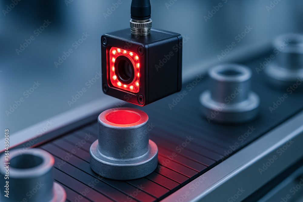 Poster quality control manufacturing processes ensures precise inspection of metal parts using advanced cam
