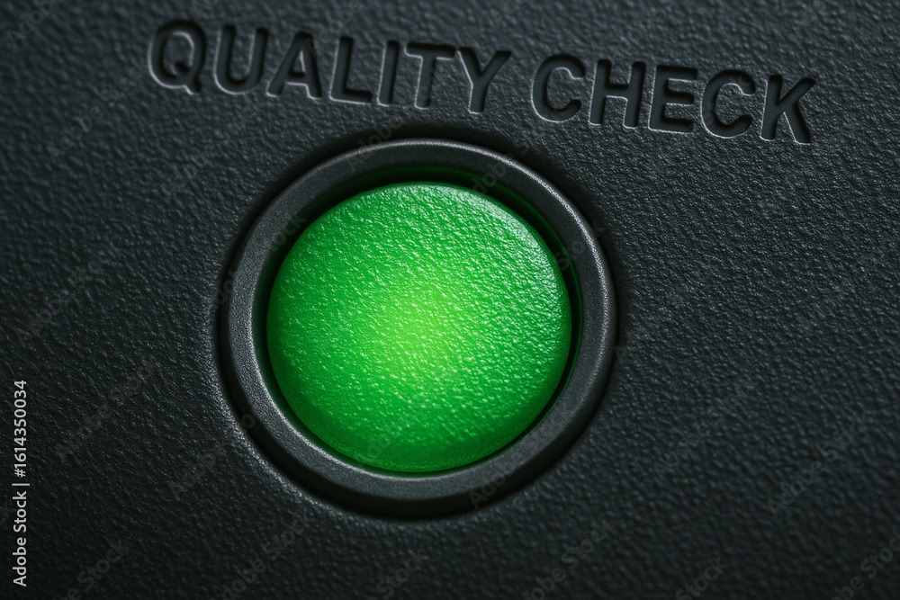 Poster quality control in manufacturing processes concept with green button on textured black surface for a