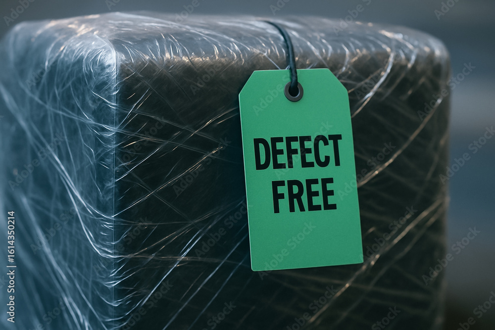 Poster defect free label attached to wrapped product ensures quality control manufacturing processes for re