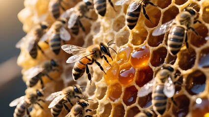 Close-up of honey bees working on honeycomb filled with golden honey