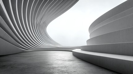 3d illustration of abstract wavy architecture background, Minimal curved geometry architectural design, Car presentation backdrop with empty concrete floor, Flowing geometric metal building design