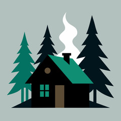 Obraz premium Cozy cabin in the woods with smoke rising from chimney