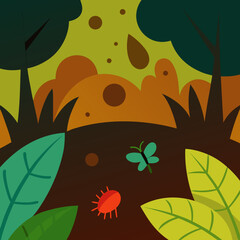 Whimsical forest floor with cute bugs and leaves