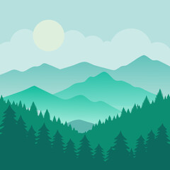 Fototapeta premium Serene mountain landscape with evergreen forest and soft clouds