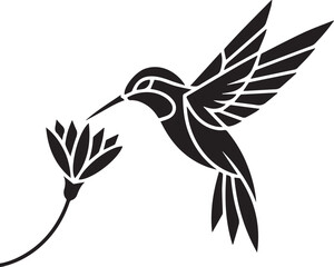 Geometric Hummingbird Vector – Minimal Black and White Hovering Bird with Flower