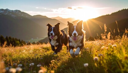 Border collies in the sunset