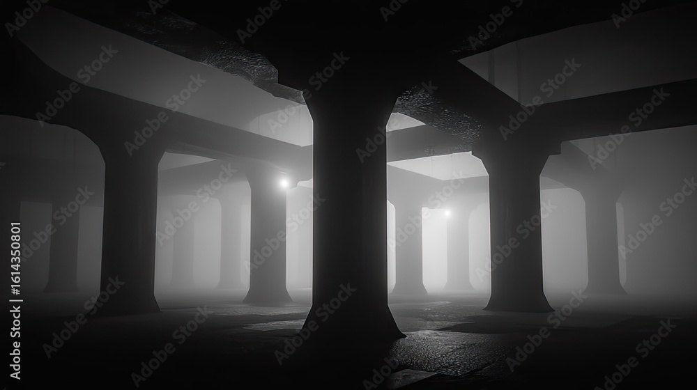 Poster mysterious subterranean structure in monochrome.