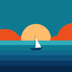 Fototapeta premium Minimalist sailboat sailing towards a colorful sunset