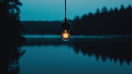 Illuminating pendant light over tranquil lake at dusk.