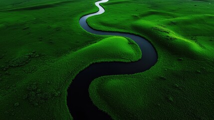 Winding river through vibrant green landscape.