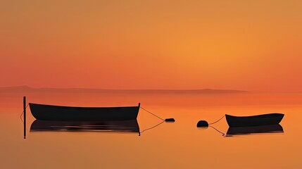 Peaceful silhouette of boats on a serene orange sunrise.