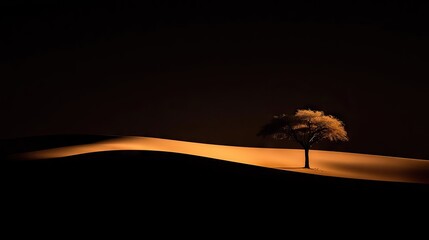Solitary tree on a sand dune at night.
