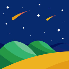 Naklejka premium Stylized night sky over rolling hills with meteor shower